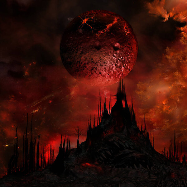 Dark fantasy landscape with moon and fiery sky