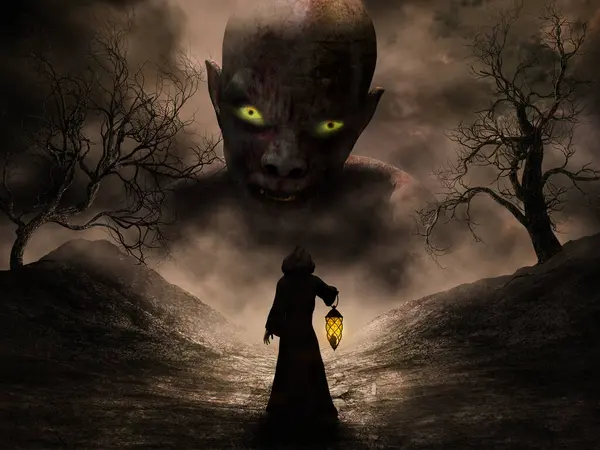 Тёмная Фантастическая Сцена Монахом Капюшоне Гигантским Вампиром Стоковая Картинка