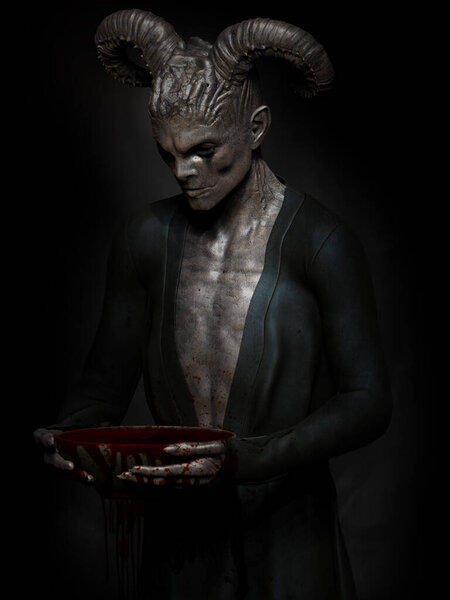 Фантазийная сцена с демоном, держащим чашу крови