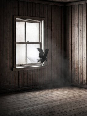 Tozlu bir odada kuzgun olan Gotik bir manzara.