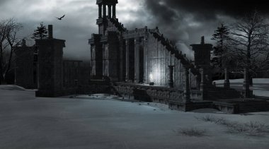 Kış ormanlarında yıkılmış bir tapınağı olan gotik bir manzara.