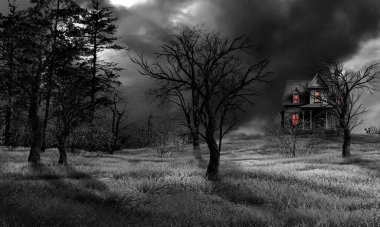 Korku evi ve ürpertici ormanlı Gotik manzara.