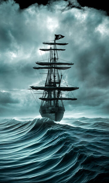 Пиратский корабль, плывущий по бурной воде