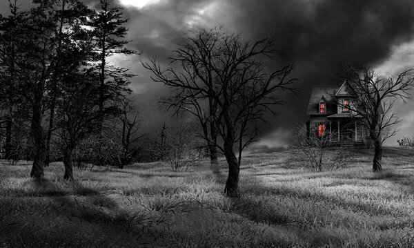 Готический пейзаж с домом ужасов и жутким лесом