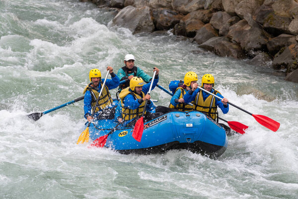 Rafting along the Noce river, Val di Sole, Trentino - Italy.