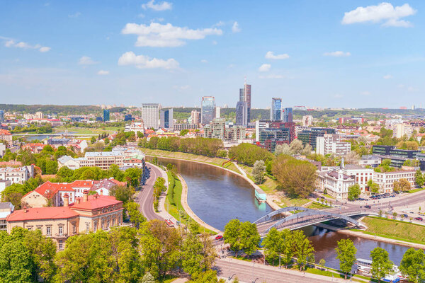 Aerial view of the Neris river and the downtown of Vilnius on a sunny spring day. Lithuania