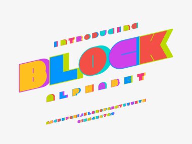 Vector of stylized blocky alphabet design with uppercase, numbers and symbols