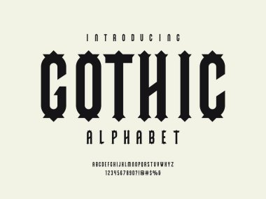Gothic style alphabet design with uppercase, numbers and symbols