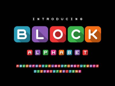 Büyük harf, sayı ve sembollerle modern renkli alfabe tasarımının vektörü