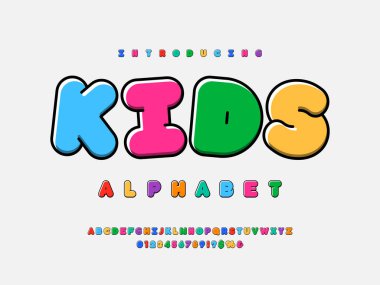 Colorful kids style alphabet design with uppercase, number and symbols