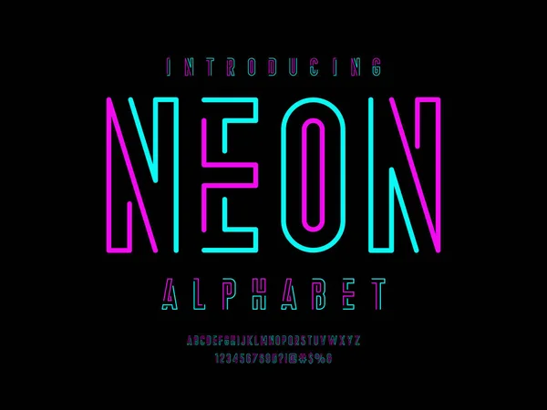 Trendy Gaya Neon Desain Alfabet Dengan Huruf Besar Angka Dan - Stok Vektor