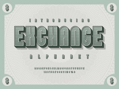 Dekoratif ögeler, büyük harf, sayılar ve sembollerle para alfabesi dizaynı