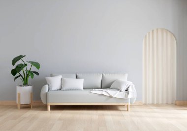 Beyaz oturma odasındaki gri kanepe. İçi fotokopi alanı, 3 boyutlu.