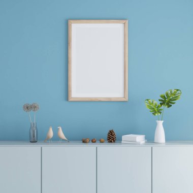 Mavi oturma odasının iç tarafındaki yan panoda resim çerçevesi modelleme, 3 boyutlu görüntüleme