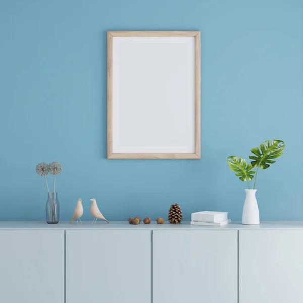 Sideboard in blue living room interior with picture frame mock up, 3D rendering
