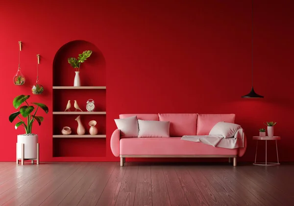 Sofa in red living room interior with copy space for mock up, 3D rendering