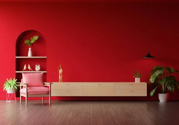 Wood sideboard in red living room interior with copy space, 3D rendering