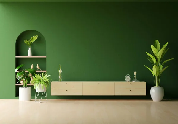 Wood sideboard in green living room interior with copy space, 3D rendering