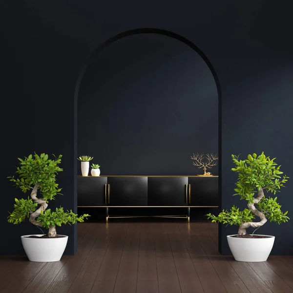 Sideboard in black living room interior with copy space, 3D rendering