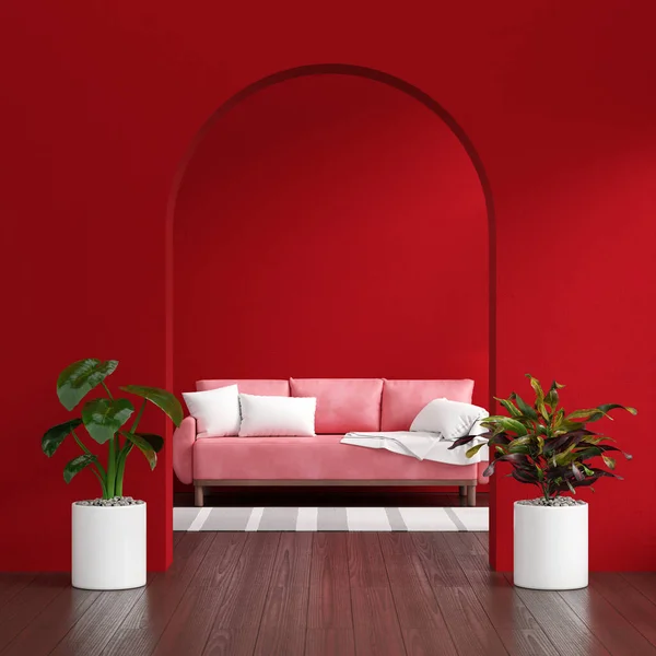 Sofa in red living room interior with copy space for mock up, 3D rendering