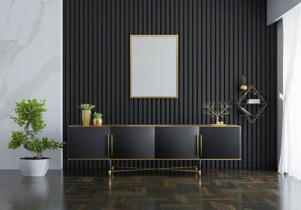 Black sideboard in living room interior with frame mock up, 3D rendering