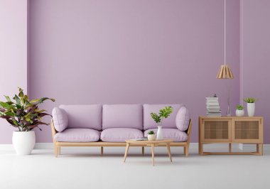 Sofa in purple living room interior with copy space for mock up, 3D rendering