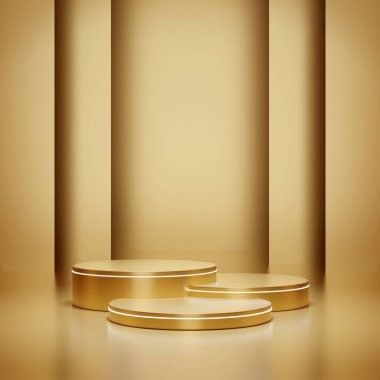 Light round three gold podium and gold background for mock up, 3D rendering