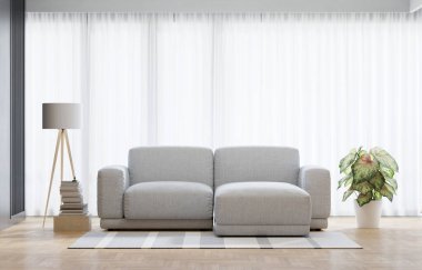 Beyaz oturma odasındaki gri kanepe. İçi fotokopi alanı, 3 boyutlu.