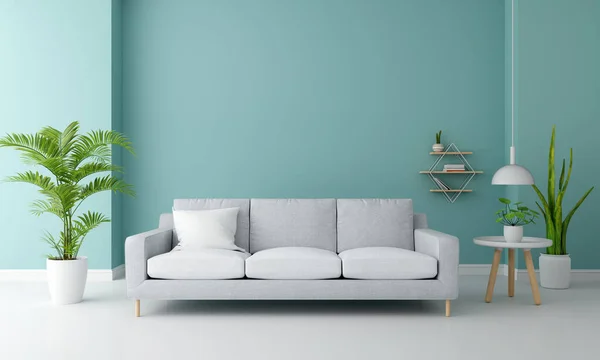 Sofa in blue living room interior with copy space for mock up, 3D rendering