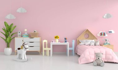 Pink child bedroom interior with copy space for mock up, 3D rendering