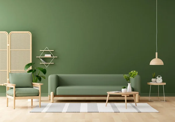 Green sofa in green living room interior with copy space for mock up, 3D rendering