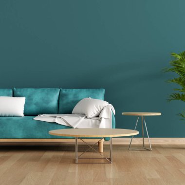 Beyaz oturma odasındaki kanepe. İçi boş masa. Model için, 3D görüntüleme.