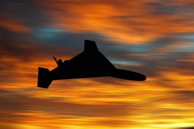 Gün batımında bir İranlı kamikaze drone Shahed-136 (Geran-2) silueti. Ukrayna 'nın savaşta bombalanmasında Rusya' nın kullandığı savaş uçağı. Resimli fotoğraf.