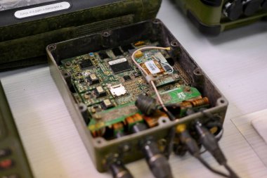 A close-up of the circuit diagram of a Russian military radio device that was collected during military operations and presented at a briefing of representatives of the Security and Defense Forces of Ukraine on operational information on the front of