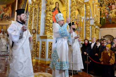 KYIV, UKRAINE - 2023/01/19: Serhii Petrovych Dumenko, Metropolitan Epiphanius, Head of the Church of Ukraine, together with priests, leads the Feast of the Baptism of the Lord service in the Assumption Cathedral of the landmark Kyiv-Pechersk Lavra mo