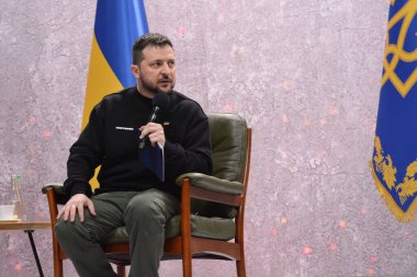 Ukrainian President Volodymyr Zelenskyy speaks to the media during a press conference as Ukraine marks one year since Russia's large-scale invasion, on February 24, 2023 in Kyiv, Ukraine. 