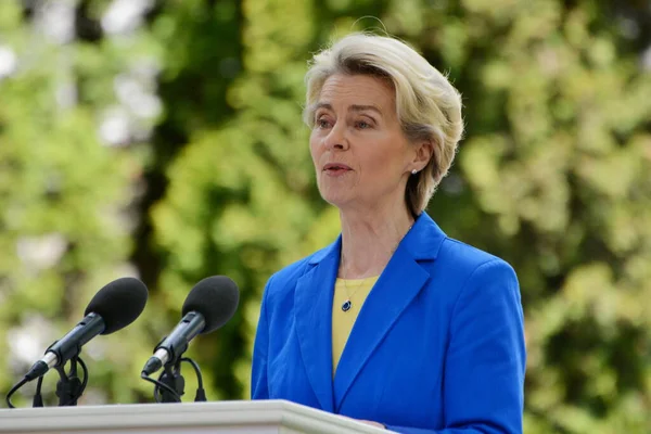 Avrupa Komisyonu Başkanı Ursula von der Leyen, Ukrayna Cumhurbaşkanı Volodymyr Zelenskiy ile 9 Mayıs 2023 'te Ukrayna' nın Kyiv kentinde Rusya 'nın Ukrayna' ya düzenlediği saldırı sırasında düzenlediği ortak basın toplantısına katıldı..