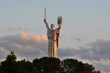 On August 24, 2023, the Coat of Arms of Ukraine on the shield of the Motherland Monument was unveiled in Kyiv, Ukraine. On August 24, Ukraine celebrates its 32nd Independence Day. A general view. clipart