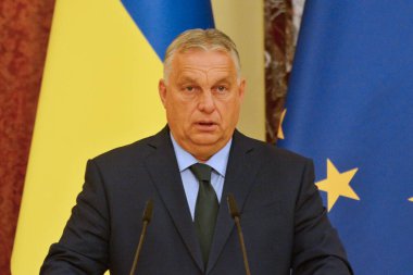 Hungary's Prime Minister Viktor Orban during press conference with Ukrainian President Volodymyr Zelenskiy on July 2, 2024 in Kyiv, Ukraine. clipart