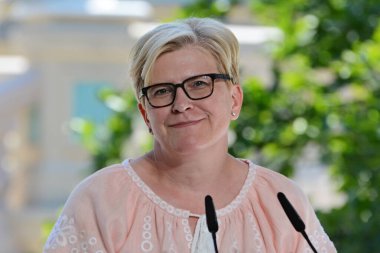 KYIV, UKRAINE - 20240824: Litvanya Başbakanı Ingrida Simonyte, Ukrayna 'nın bağımsızlığının 33. yıldönümü hakkında 24 Ağustos 2024 tarihinde Ukrayna' nın başkenti Kyiv 'de düzenlenen ortak brifinge katıldı.. 