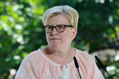KYIV, UKRAINE - 20240824: Litvanya Başbakanı Ingrida Simonyte, Ukrayna 'nın bağımsızlığının 33. yıldönümü hakkında 24 Ağustos 2024 tarihinde Ukrayna' nın başkenti Kyiv 'de düzenlenen ortak brifinge katıldı.. 