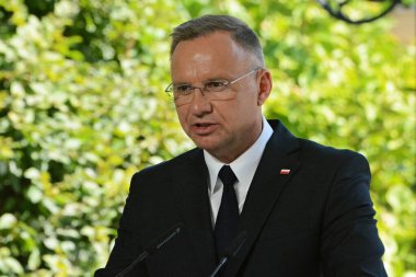 KYIV, UKRAINE - 20240824: Andrzej Duda, President of Poland, takes part in a joint briefing on the 33rd anniversary of the independence of Ukraine on August 24, 2024 in Kyiv, Ukraine. clipart