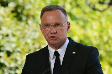 KYIV, UKRAINE - 20240824: Polonya Cumhurbaşkanı Andrzej Duda, Ukrayna 'nın bağımsızlığının 33. yıldönümünde Ukrayna' nın başkenti Kyiv 'de düzenlenen ortak brifinge katıldı..
