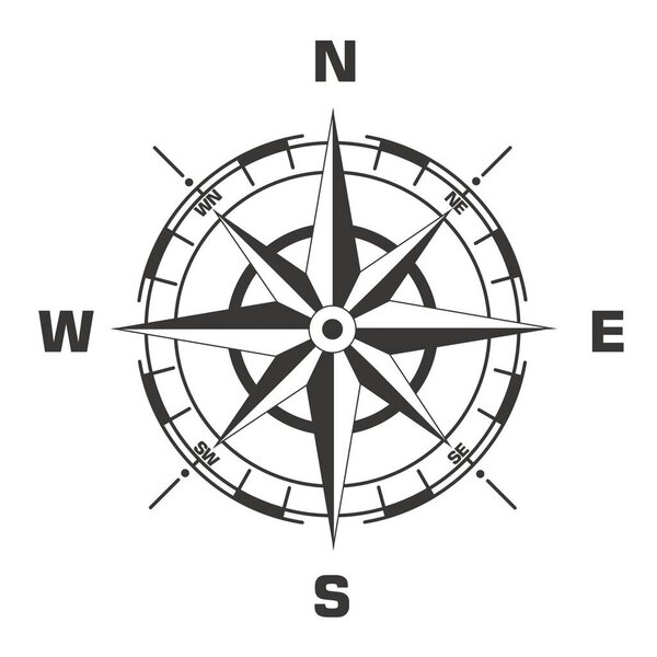 Vector geography science compass sign icon. Compass wind-rose illustration in flat minimalism style.