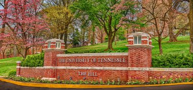 Tennessee Üniversitesi 'nin ana tabelasının panoramik bir görüntüsü. Etrafı laleler ve pembe odun ağaçlarıyla çevrili..