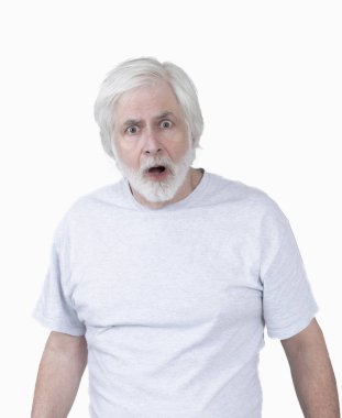 Vertical shot of an astonished or startled looking old man with white hair on a white background.  Standing from the waist up.