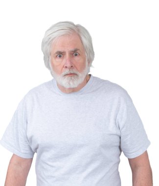 Vertical shot of a furious or mentally disturbed old man.  Standing from the waist up. Isolated on white background.  