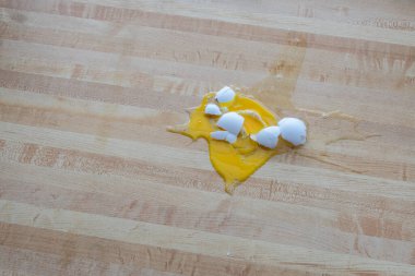 Horizontal shot of a shattered white chicken egg with copy space..