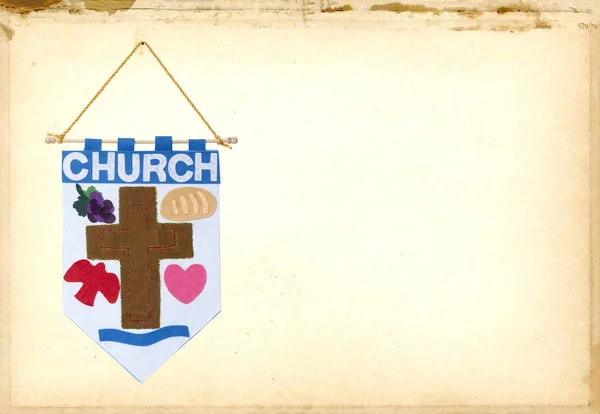 Horizontal shot of a Church Announcement banner on the left side with a tattered paper background with lots of copy space.