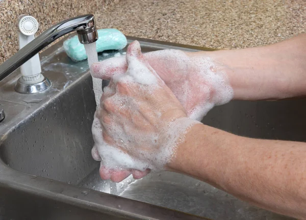 Horizontal Shot Woman Washing Her Hands Kitchen Sink Running Water — стоковое фото